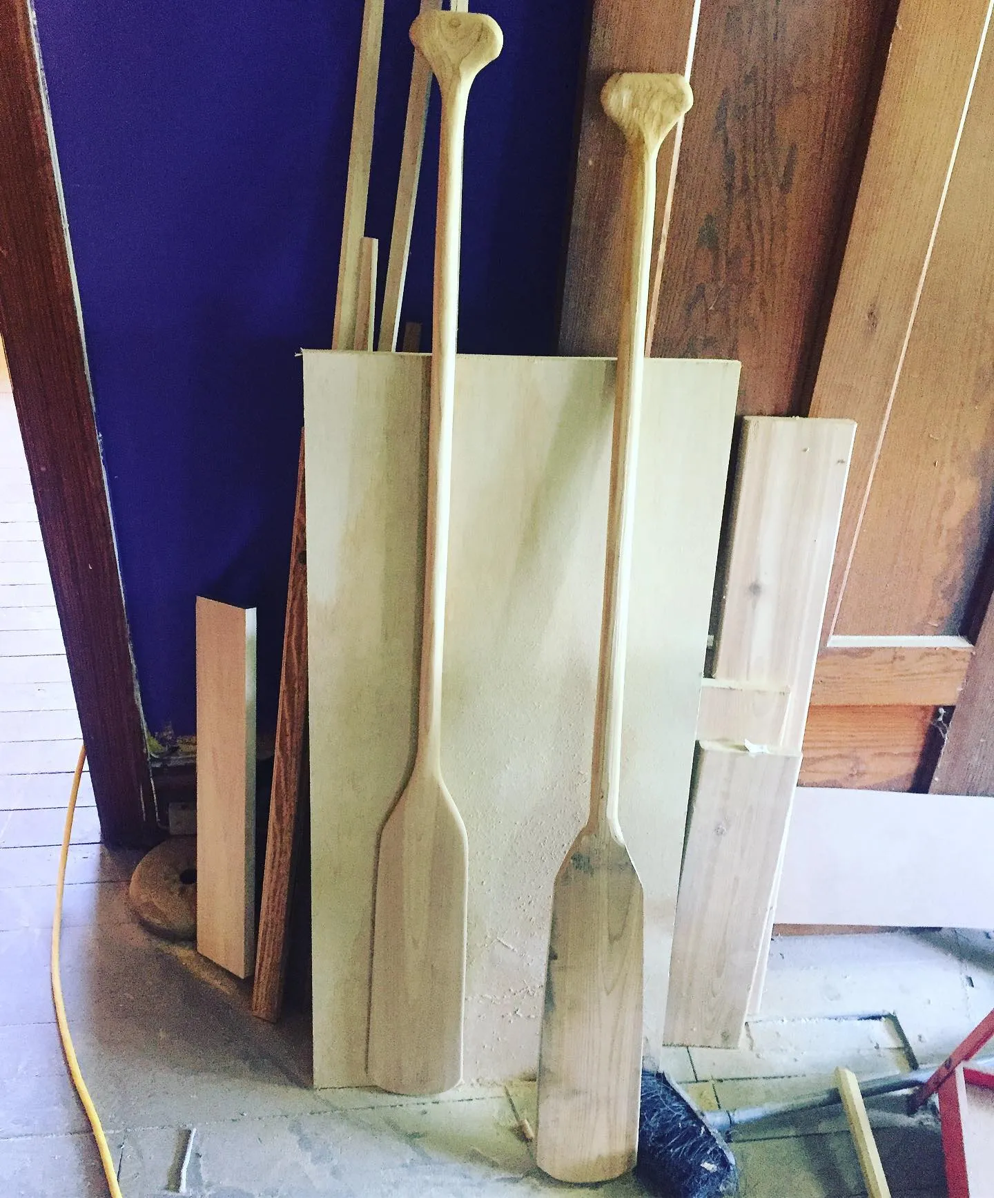 Canoe paddles being hand-carved in the workshop by Walkercraft Carpentry